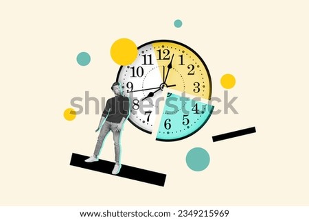 Composite collage picture of impressed mini guy staring big wall watch clock diagram isolated on painted creative background