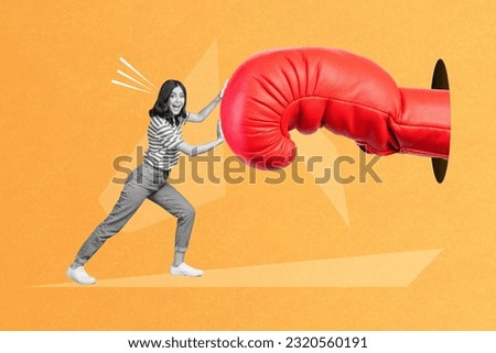 Composite collage picture of mini black white effect girl arms push huge boxing glove hole isolated on painted orange background