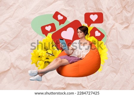 Composite collage picture of mini girl sit beanbag use tablet big flowers receive like notification instagram tiktok facebook