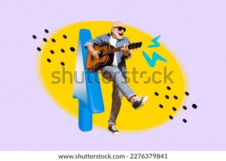 Composite collage picture of overjoyed mini grandfather play guitar dance huge arrow upwards isolated on painted background