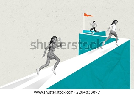 Composite collage picture of three people black white colors running hurry finish flag isolated on creative background