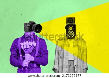Composite collage picture of two people purple black white colors photo camera instead head isolated on drawing background