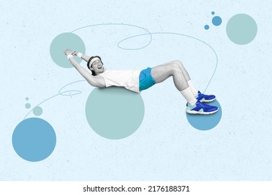 Composite collage portrait of excited cheerful guy black white colors exercise drawing fit ball isolated on creative background