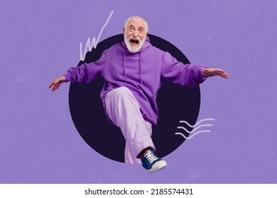 Composite collage portrait excited positive aged person step out hole isolated painted purple background