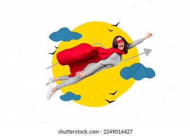 Composite collage portrait of excited positive super girl raise fist flying wear red cape painted birds clouds sky - Powered by Shutterstock