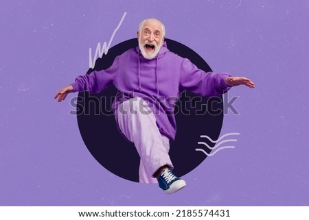 Composite collage portrait of excited positive aged person step out hole isolated on painted purple background