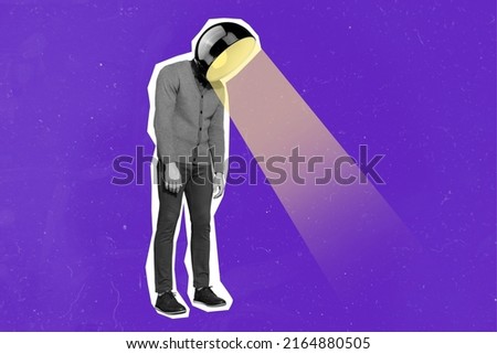 Composite collage portrait of frustrated cartoon personage black white filter light lamp instead head isolated on creative background
