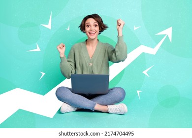 Composite collage portrait of overjoyed delighted girl raise fists celebrate attainment use wireless netbook painted growth arrow - Shutterstock ID 2174704495