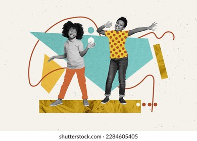Composite collage portrait of two little black white effect cheerful kids enjoy dancing isolated on painted background