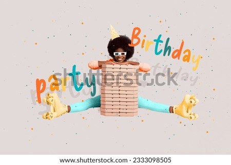 Composite collage of young funky girl sitting wearing yellow rollerblades with stack pizza box birthday party isolated on beige background