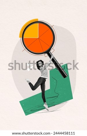 Composite collage of young funky lady jumping holding magnifying glass enlarge infochart analyzing budgets isolated on grey background
