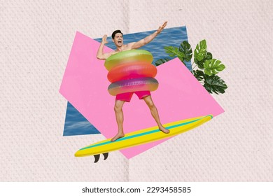 Composite collage of young guy surfing have fun first day resort chilling good mood no work just vacation isolated on pink background - Powered by Shutterstock