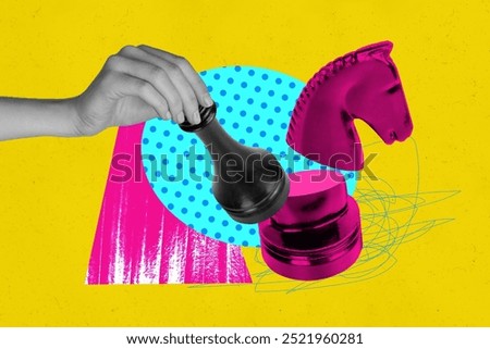 Composite creative art collage of hand play chess figurine board game knight queen hobby step isolated on painted background