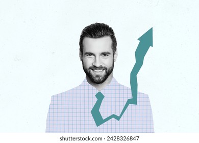 Composite creative art collage of happy businessman leader increase income contribution economy deposit arrow plaid shirt tie smile isolated on white background