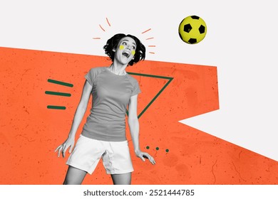 Composite creative art collage of happy girl football player game push head ball championship league isolated on painted background - Powered by Shutterstock