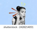 Composite creative art collage of surprised funny lady black white gamma listen ear neighbors rumors gossip casual cloth isolated on painting background