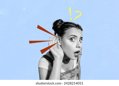 Composite creative art collage of surprised funny lady black white gamma listen ear neighbors rumors gossip casual cloth isolated on painting background