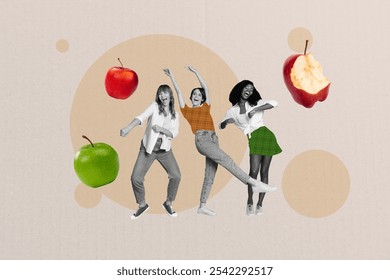 Composite creative art collage of three happy girls dance green red apple nutrition detox diet meal isolated on painted background