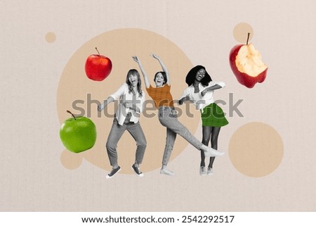 Composite creative art collage of three happy girls dance green red apple nutrition detox diet meal isolated on painted background