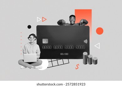 Composite creative art collage of two happy girl guy point credit card cashless payment operator headphones isolated on painted background