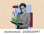 Composite creative art collage of young serious lady scientist glasses hold book grow plant flower blue unique rarity artificial isolated on beige color background