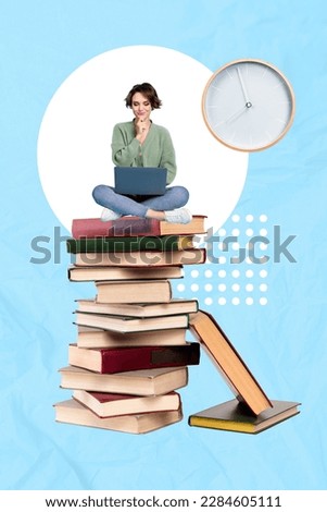 Composite creative collage artwork of young thoughtful clever woman education distance classes sit pile books near clock isolated on blue background