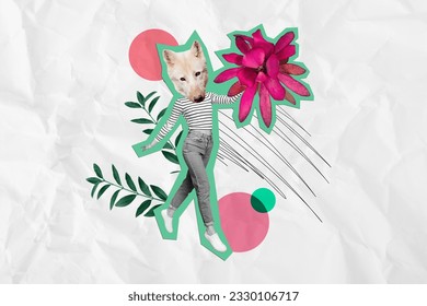 Composite creative collage of headless wolf wild mask animal person people walking hold huge pink flower exotic isolated on grey background - Powered by Shutterstock