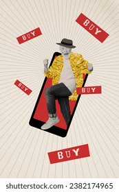 Composite creative collage of pensioner man wear hat golden jacket virtual character phone display buy online isolated on drawn background