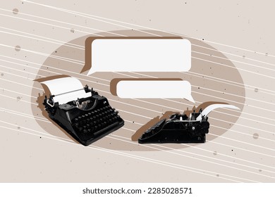 Composite creative design 3d collage of two oldschool typescript keyboards communication message storytelling dialogue isolated on painted background