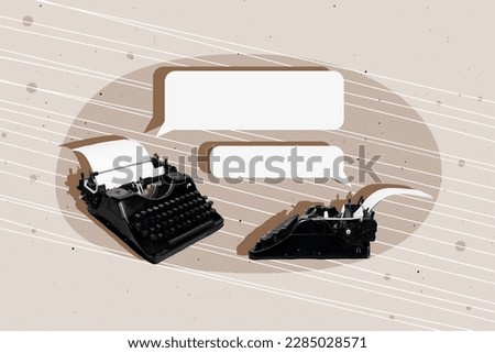 Composite creative design 3d collage of two oldschool typescript keyboards communication message storytelling dialogue isolated on painted background