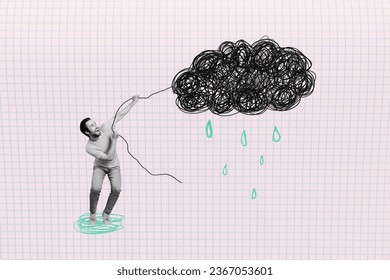Composite creative illustration photo collage of crazy funny man pull cloud by rope try to manage weather isolated on plaid background