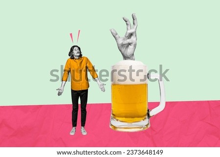 Composite creative illustration photo collage of clueless confused man look at arm in glass of beer isolated on drawing background