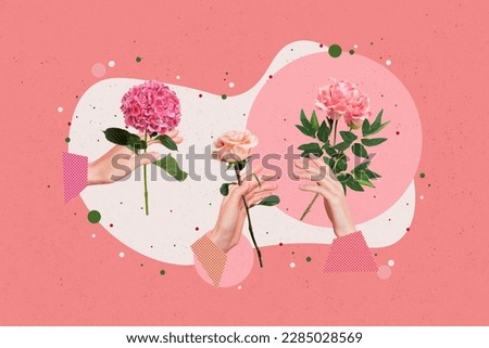 Composite creative photo collage concept of hands holding gifts springtime blooming fresh natural flowers roses pions isolated on drawing background