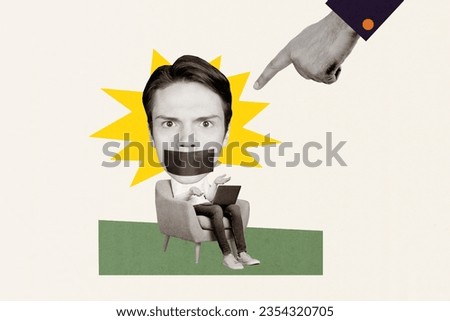 Composite creative photo collage of finger directing at speechless man sit with laptop got ban in social media isolated painted background