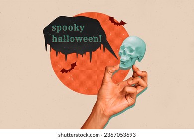 Composite creative photo illustration collage of fingers hold small skull wish you spooky halloween isolated on colorful background