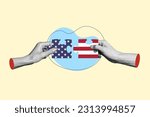 Composite design collage hands hold puzzle logic game connect pieces patriot protect democracy freedom usa isolated on beige background