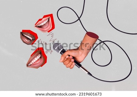 Composite design illustration collage of hand holding microphone singing karaoke friends mouths concert party isolated on grey background