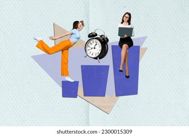 Composite designed creative collage of two colleagues women competitive search timer infochart progress isolated on blue background