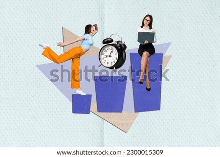 Composite designed creative collage of two colleagues women competitive search timer infochart progress isolated on blue background