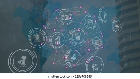 Composite of digital data processing with network of connections with icons. Global networks, business, finances, computing and data processing concept digitally generated image.
