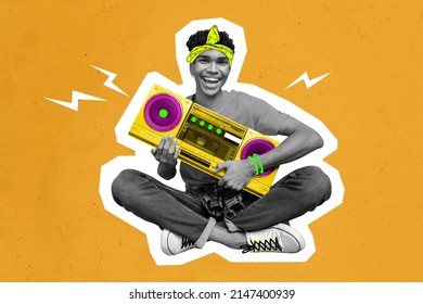 Composite drawing illustration of man sitting hold radio boombox enjoy music isolated on yellow background