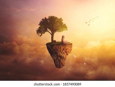  Composite fantasy/surreal background - Little girl sitting on floating island, throwing paper airplanes - Powered by Shutterstock