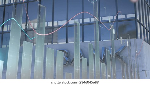 Composite of financial data processing over office building. Global business, finances, computing and data processing concept digitally generated image.