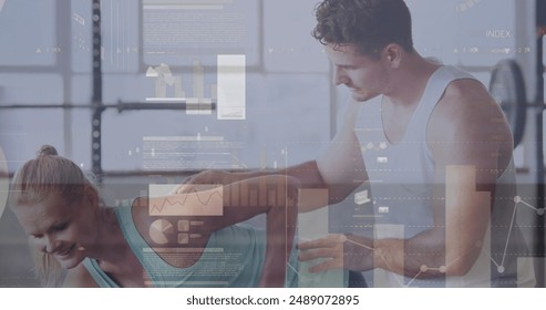 Composite of financial data processing over woman exercising. Global sports, exercise, data processing and computing concept digitally generated image.