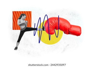 Composite graphics collage image of smile young girl fight boxing glove boxer ring hook knockout match round isolated on white color background - Powered by Shutterstock