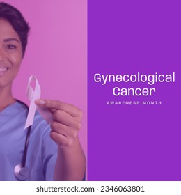 Composite of gynecological cancer awareness month over biracial female doctor with ribbon. Gynecological cancer awareness, woman's health and prevention concept digitally generated image. - Powered by Shutterstock