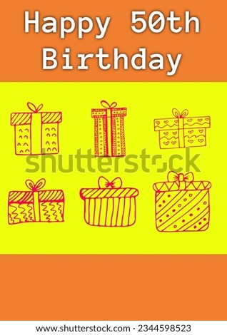 Composite of happy 50th birthday text and birthday presents on yellow background. Fiftieth birthday, party and celebration concept digitally generated image.