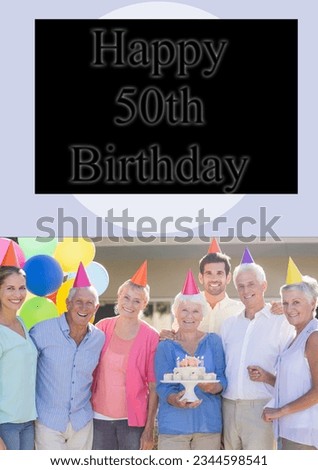 Composite of happy 50th birthday text and caucasian people in party hats and birthday cake. Fiftieth birthday, party and celebration concept digitally generated image.