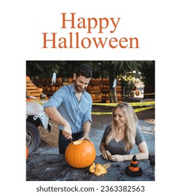 Composite of happy halloween text and caucasian woman and man carving pumpkin halloween pumpkin. Halloween, tradition and celebration concept digitally generated image. - Powered by Shutterstock