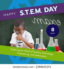 Composite of happy stem day, 8 nov, african american schoolboy using microscope in laboratory. Exploring the world of science, technology, engineering and mathematics, education, celebrate, research. - Powered by Shutterstock